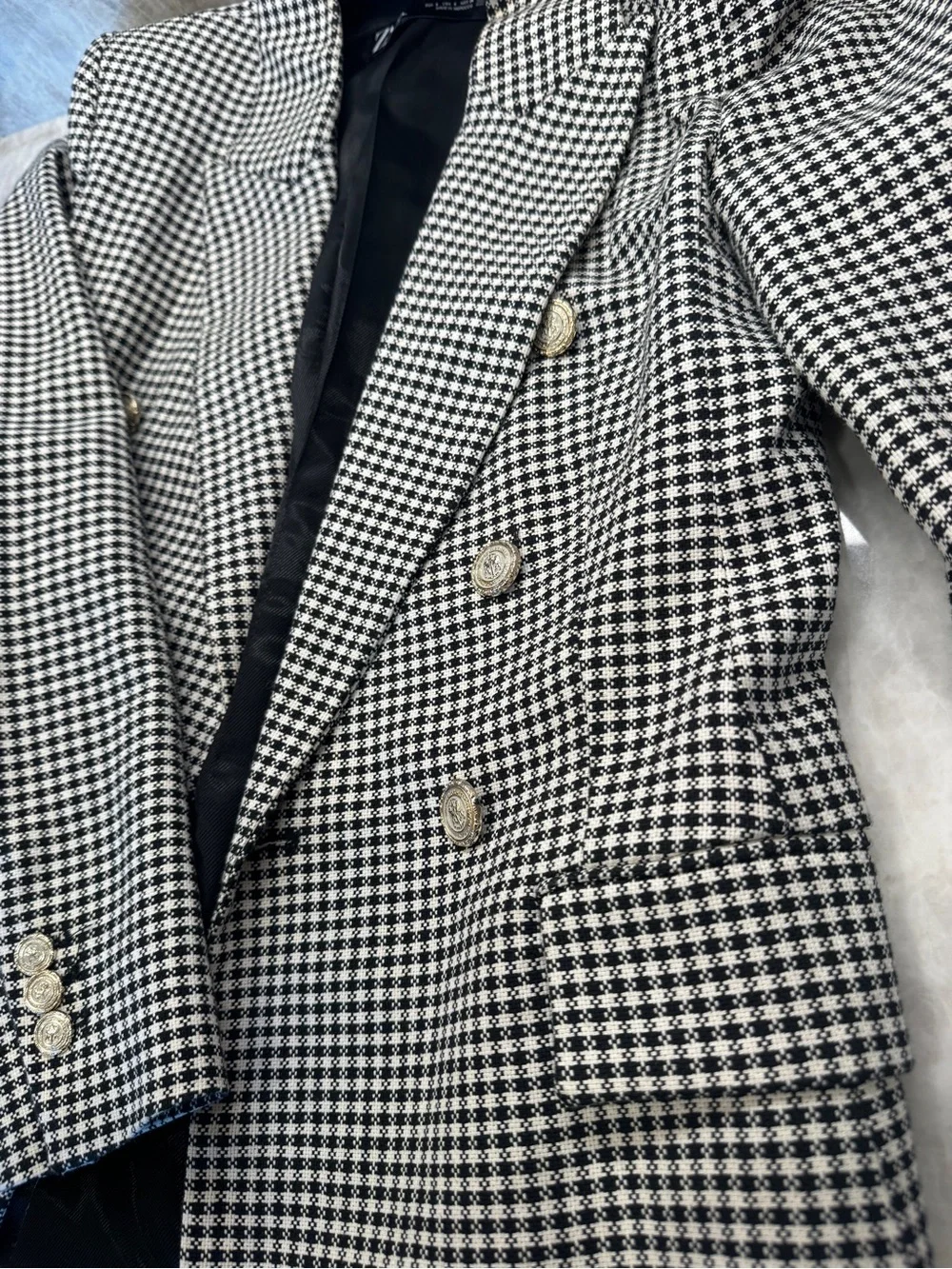 Zara Black & White Houndstooth Double Breasted Blazer Gold Button Jacket - Picture 6 of 6